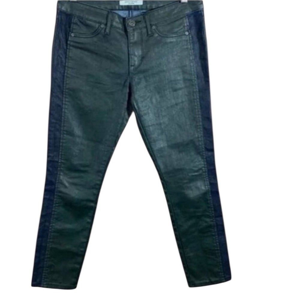 Rich & Skinny  Size 30 dark green coated jeans skinny leg with black tux stripe